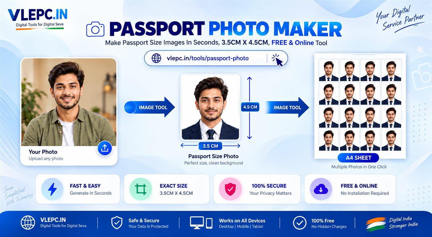 VLE PC Passport Photo Maker — upload any photo, crop it to the exact 3.5 x 4.5 cm passport size, and download a print-ready 4x6 or A4 sheet